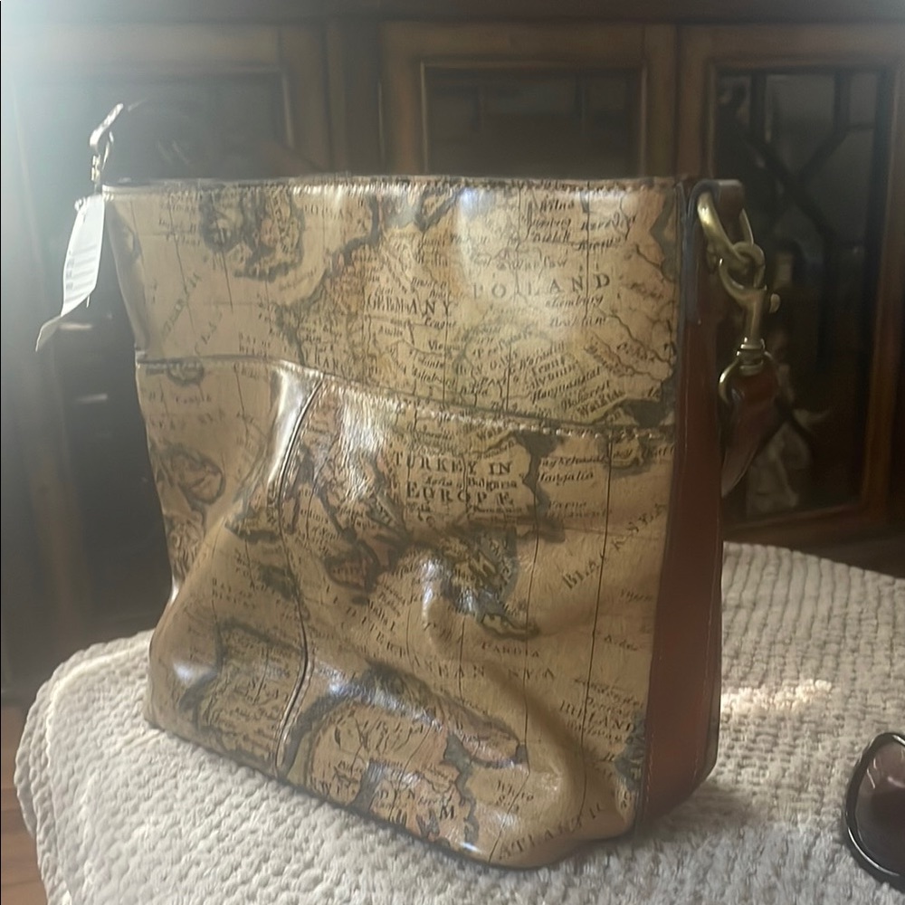 Vintage Map Print Tan Shoulder Bag